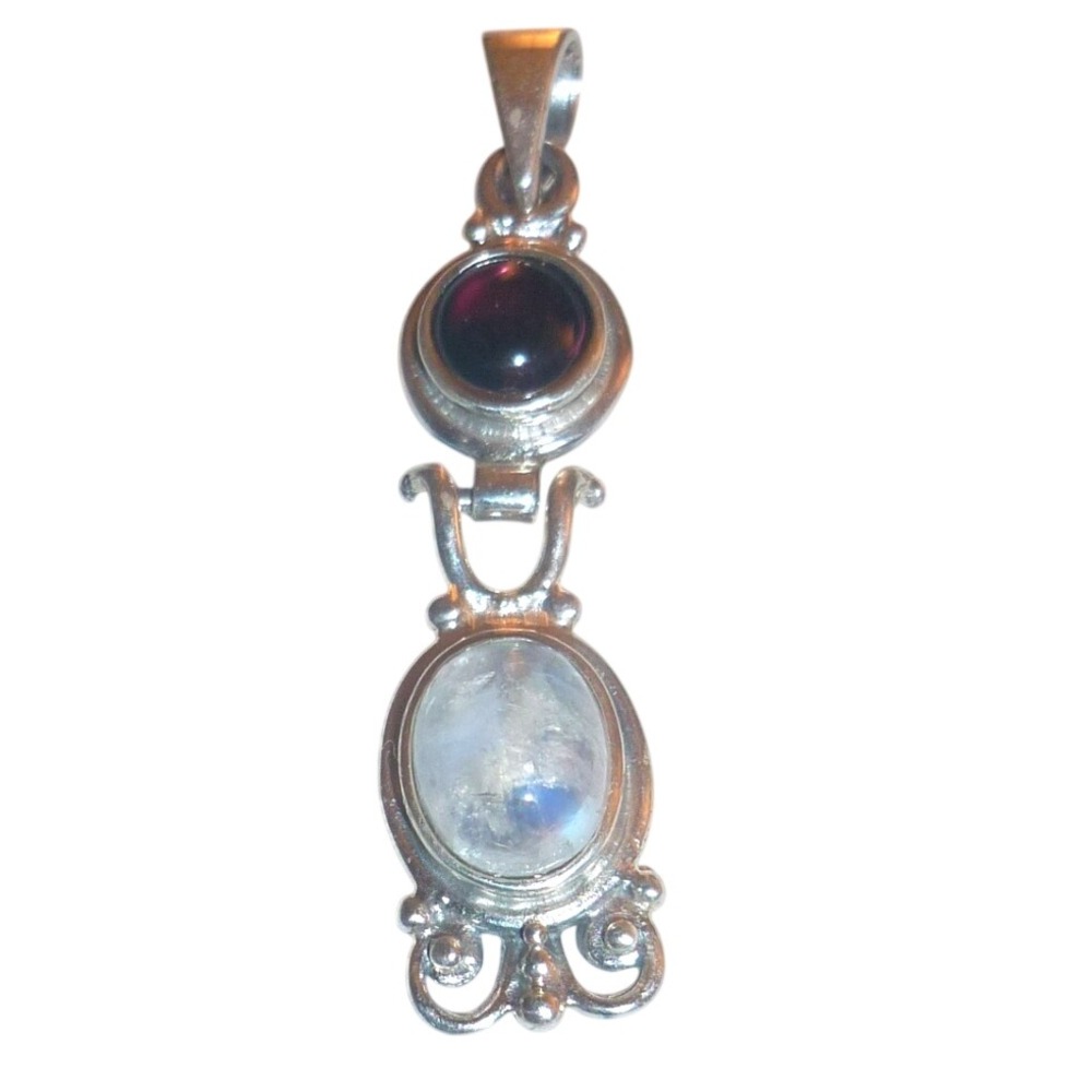 Vintage NOS 925 Sterling Silver Moonstone and Garnet Cabochon Drop Pendant